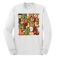 thumbnail image 2 of Wild Bobby In My Pumpkin Spice Era Groovy Letters Smiley Faces Thunderbolts Leaves Halloween Men Long Sleeve Shirt, White, X-Large, 2 of 6