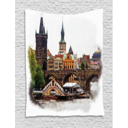 Scenery Decor Tapestry, European Country Landscape with Houses and River Watercolored like Print, Wall Hanging for Bedroom Living Room Dorm Decor, 40W X 60L Inches, Multicolor, by