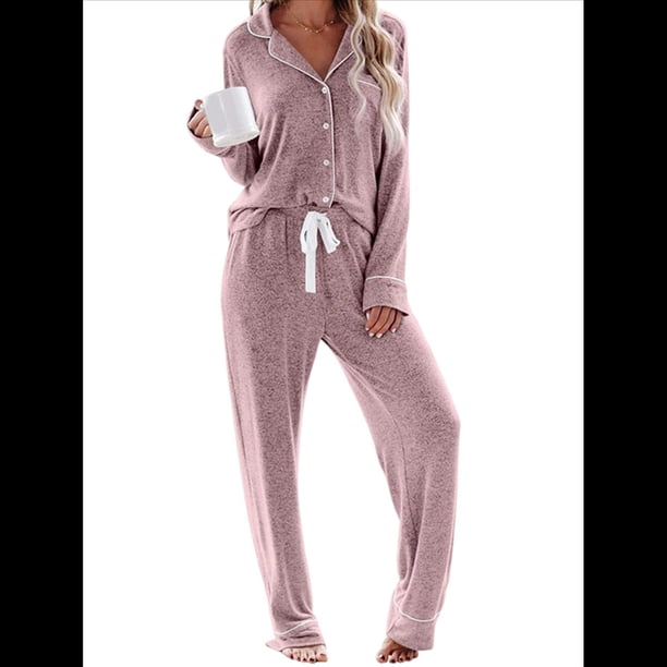 Conjuntos de Pijama para Mujer, de Larga, con Botones, para Dormir, Pijamas Suaves, Conjuntos de Estar por Casa. Rosa XXL