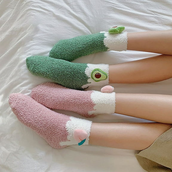 Raindrops Fruit Socks Slipper Socks for Women Coral Fleece 2 Pairs