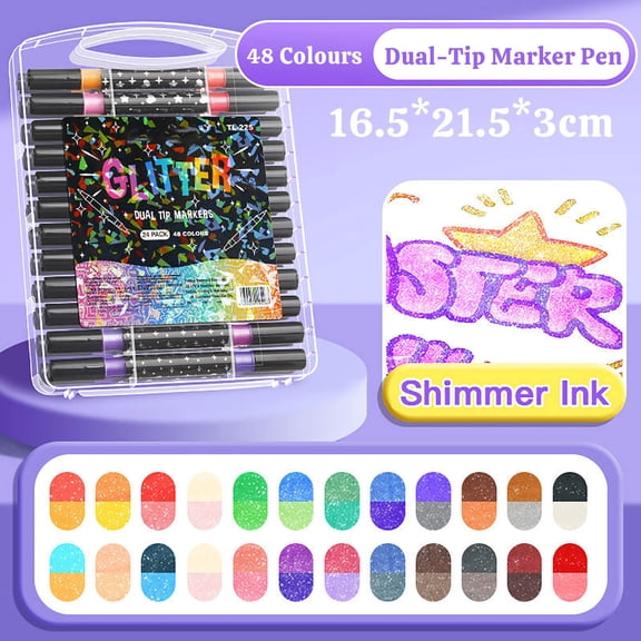 48pcs 10ml Dual-Tip Glitter Marker Pens, Double-Sided Pearl Glitter Markers with Soft Head, Sparkling Fluorescent Watercolor Pens for Art Craft Handmade Journal Scrapbooking, B