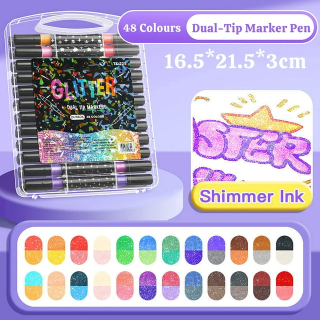 UsRHHA DualTip Glitter Marker Pen, Double-sided Glitter Marker with Soft Head and Pearl Glitter Powder, 12-48 Pcs Bulk Set for Adult Coloring Books School Projects DIY Decor