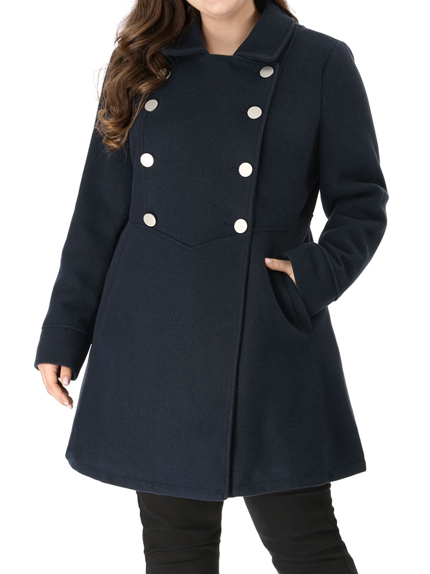 Women's Plus Size A Line Turn Down Collar Double Breasted Coat Blue 3X ...
