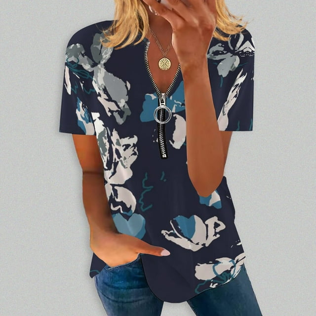 Hauts d'Été Grande Taille pour Femmes Mode Décontractée Confortable Col en V Fermeture à Glissière Imprimé Manches Courtes Blouse Col en V T-Shirt Femmes en Liquidation