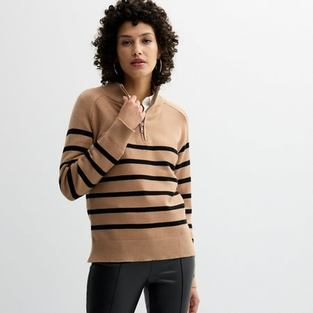 Women's Catherine Malandrino 1/4-Zip Striped Sweater Color: Black Camel Stripe Size: X LARGE
