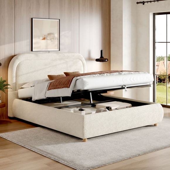 Queen Size Boucle Upholstered Bed with Lift Storage | Beige Modern Platform Bed for Bedroom, Guest Room & Living Room - 60''x80'' Steel Frame