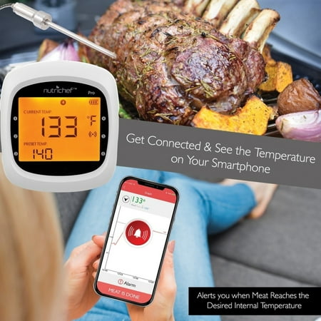 NutriChef - Smart Bluetooth BBQ Grill Thermometer PWIRBBQ80 - White, Black - White, Black