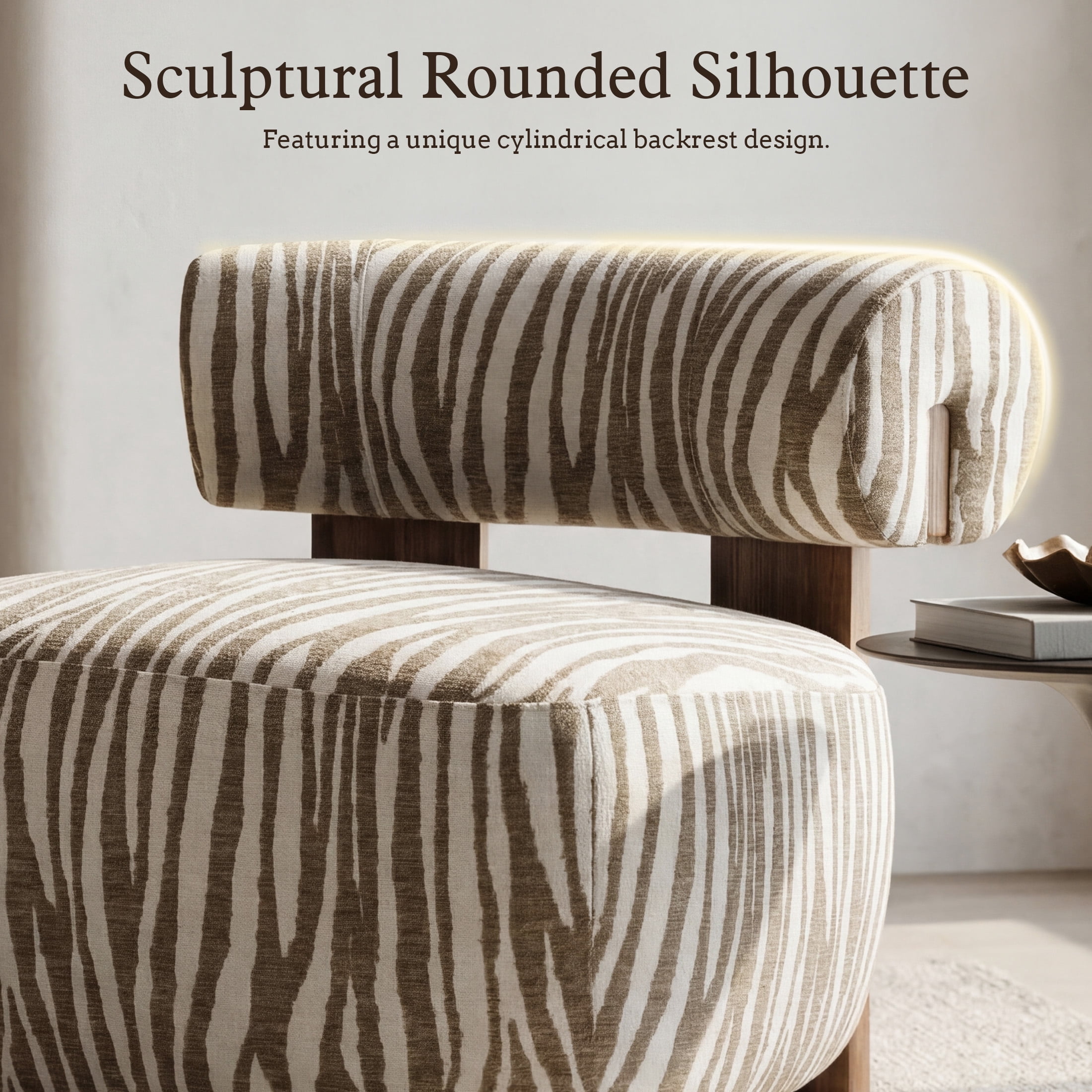 Aukfa Modern Chenille Accent Chair with Zebra-Stripe, Cylindrical Backrest for Living Room, Beige