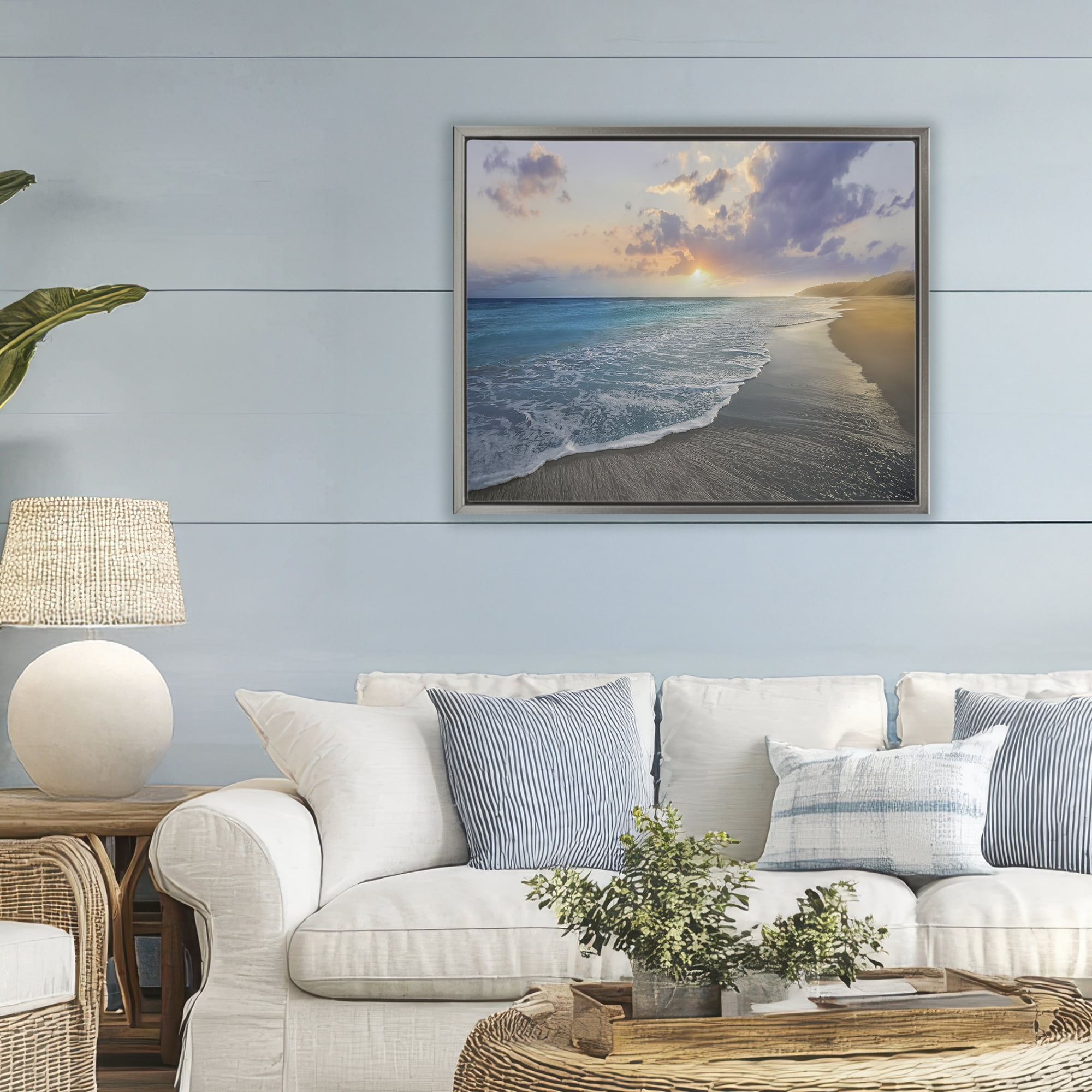Stupell Industries Sunset over Tranquil Coast Gray Framed Floater Canvas Wall Art, design by Mike Calascibetta