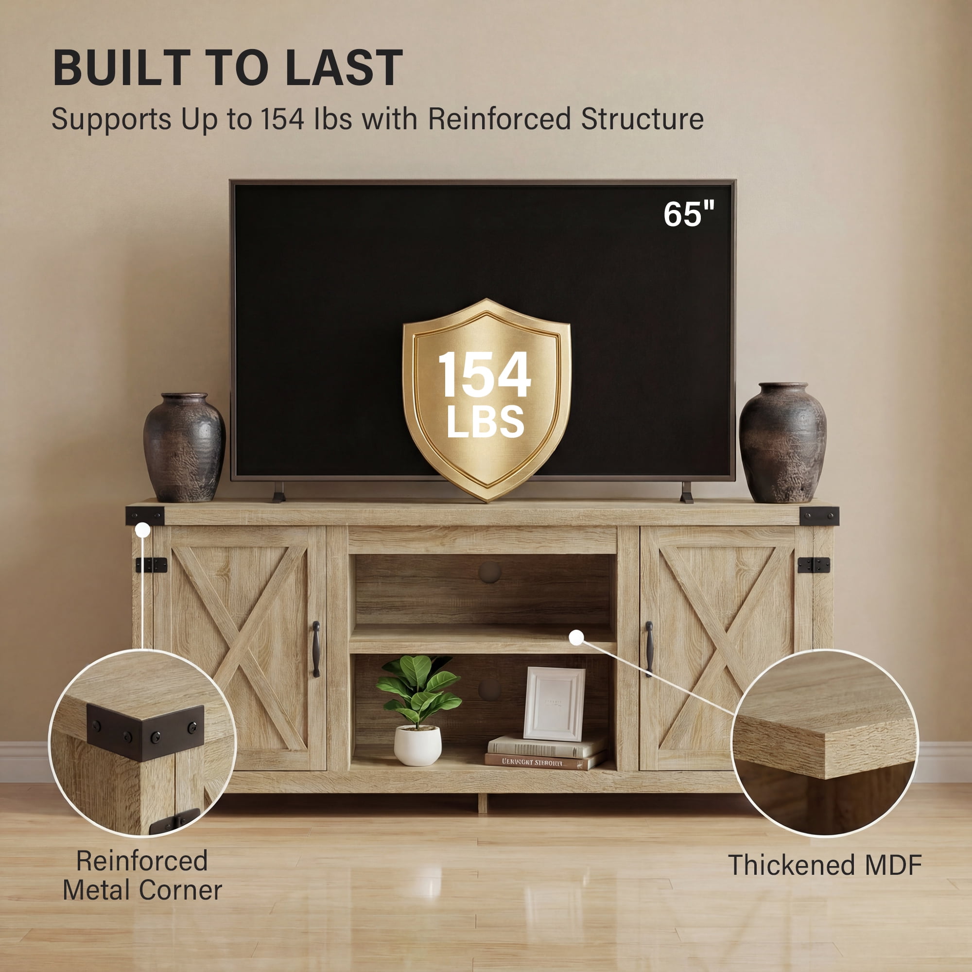 Vineego TV Stand for 65 Inch TVs, Farmhouse Oak Storage Cabinet with Cable Management and Hidden Compartment