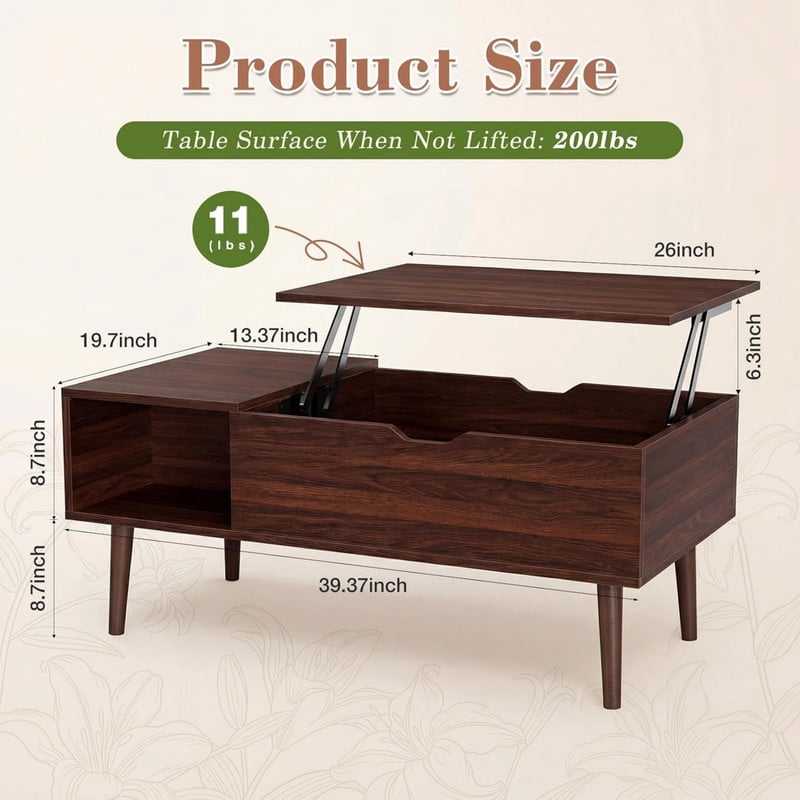 Kelno Lift Top Coffee Table with Hidden Storage Adjustable Height Wood Center Table with Open Side Shelves for Living Room, Dark Brown