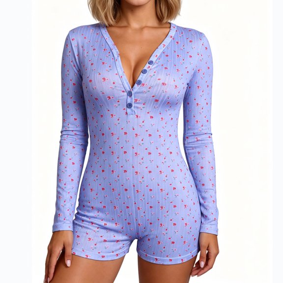 Warop Women's Plush Onesie Pajamas Long Sleeve V Neck Button Down Print Slim Fit One Piece Jumpsuit Sleepwear, Cozy Lightweight, Breathable Loungewear