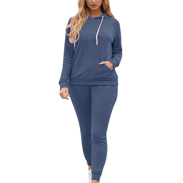 Hooded and Blouse Aqestyerly Hauts pour Femmes Hiver 2 Pcs Mode Femme Col Rond Uni Blouse à Manches Longues + Ensembles Pantalons Amples