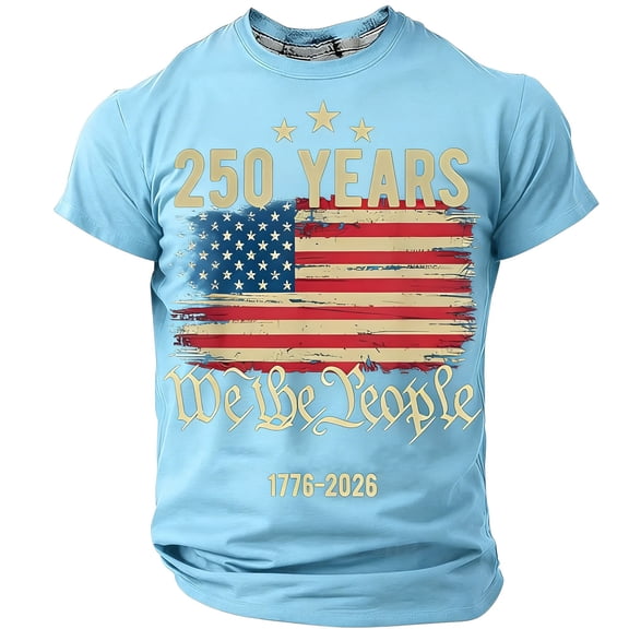 IYYVV 250 Anniversary USA Shirt Men's 250th Anniversary Flag Printed Casual Short Sleeve Shirt Cross Patriotic Tee Light Blue L