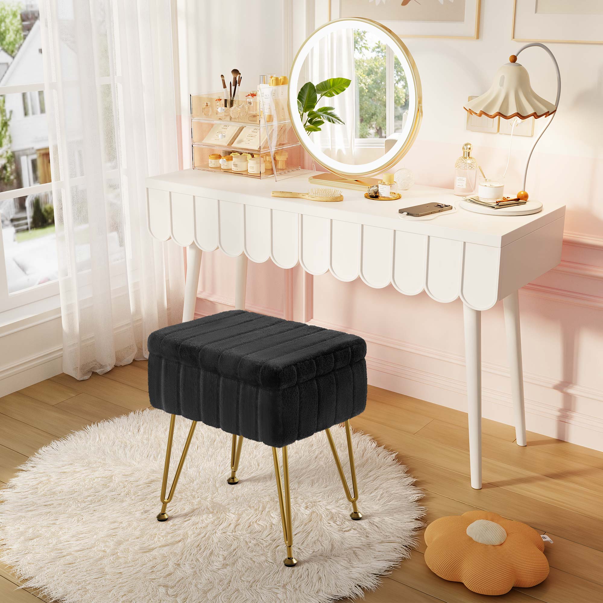 Greenstell Footstools Ottoman Bench with Storage, 15.5”L x 11.6”W x 19.2”H Vanity Faux Fur Padded Stool with Coffee Table Padded Seat and Adjustable Feet for Makeup Bedroom Entryway, Black
