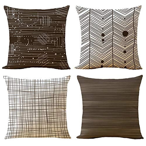 SUFAM Set of 4 Pillow Cases Brown Olive Tan Geometric Stripe Classic