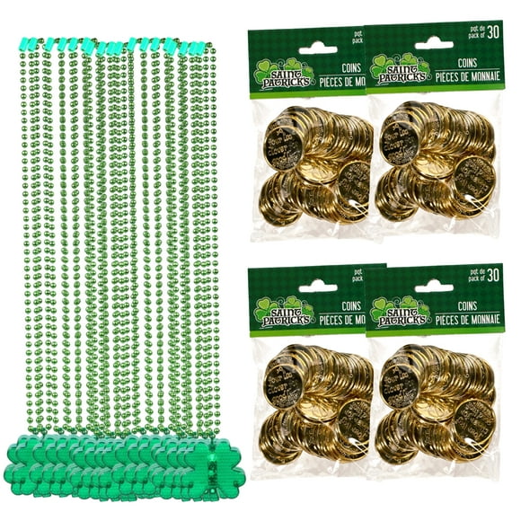 St Patrick's Day Plastic Light-Up Shamrock Necklaces, 20ct 20 in. Green Necklace Irish Beads with 120ct St Patrick's Day Plastic Gold Coins Clover Leaf Lucky Coin Party Decor & CUSTOM Storage Carrier