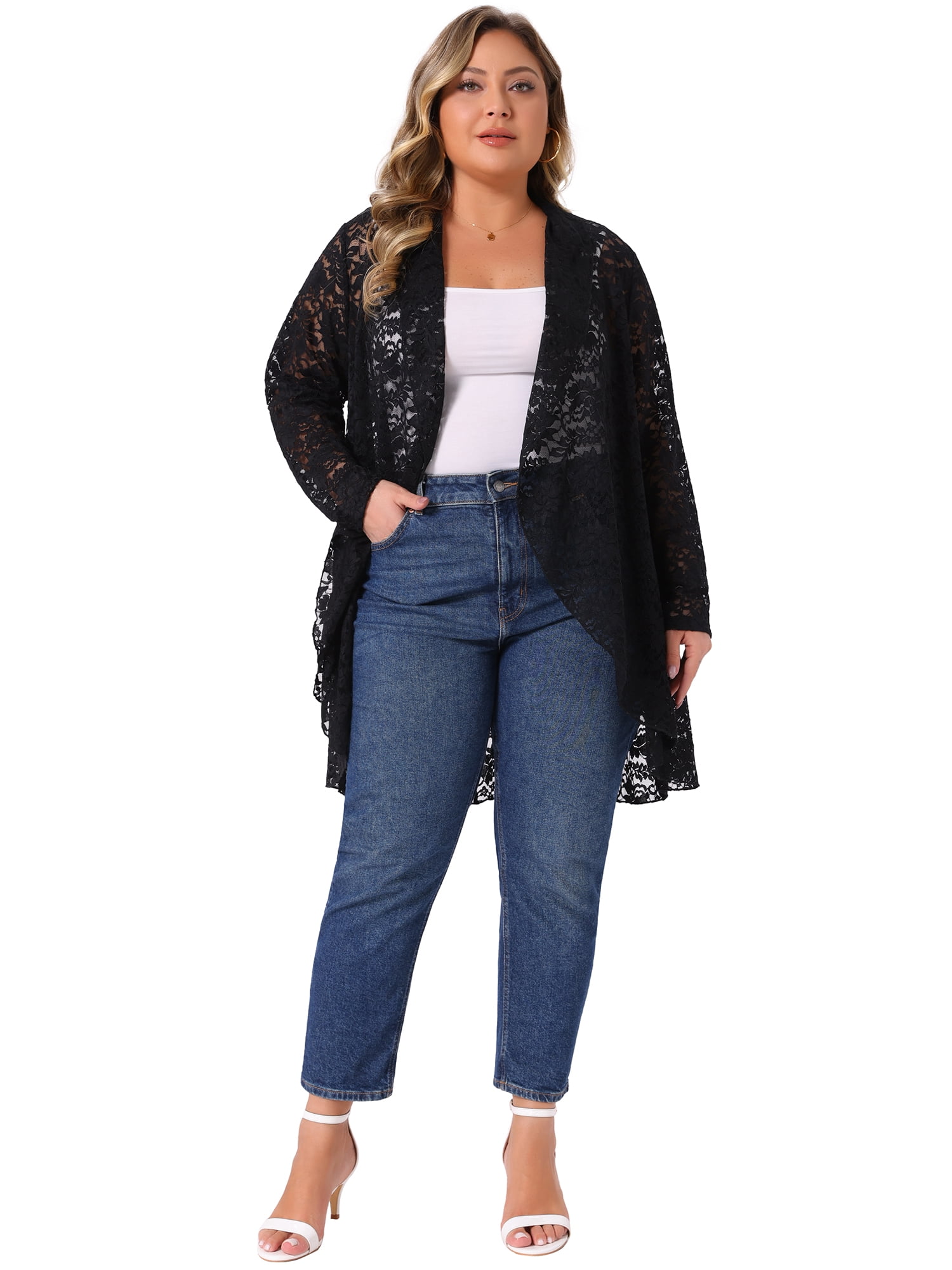 DARING DIVA Women's Plus Cardigan Open Front  Sheer Lace Crochet Cover Up 3X Black