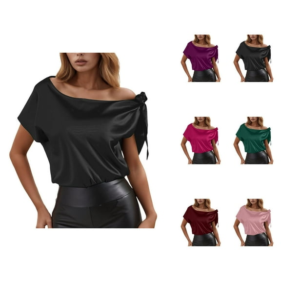 Womens T Shirts Summer Tops 2025 Solid Color Satin One Shoulder Short Sleeve Stylish Tees Tshirts Shirts for Women