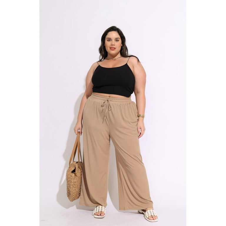 TIYOMI Plus Size Wide Leg Pants for Women Khaki Elastic High
