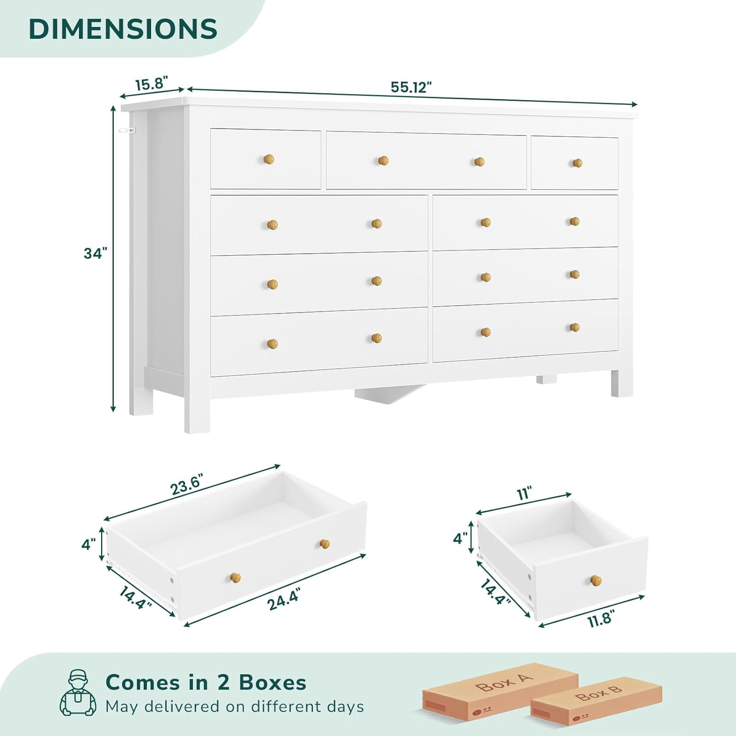 9 Drawers Dresser for Bedroom, Large Chest of 9 Drawers with Wide Tabletop, Modern Wood Storage Cabinet for Living Room Hallway, White