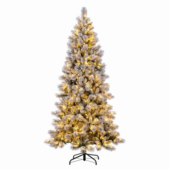 7.5FT Pre-lit Artificial Christmas Tree, Includes Lights and Metal Stand, Easy Assembly Hinged PE PVC Tree for Home Office Porch Decoration