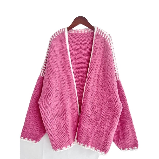 Suéteres Tipo Cárdigan Extragrandes para Mujer, de Otoño, con Mangas Largas Tipo Farol, de Punto, con Parte Delantera Abierta Rosa Rosa S