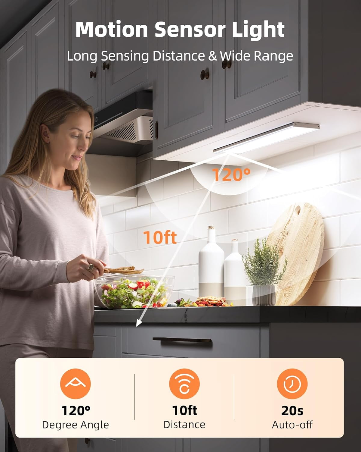 200LM Super Bright Under Cabinet Lighting Wireless, 5000mAh Rechargeable Battery Motion Sensor Light Indoor, Dimmable Counter Lights for Kitchen, 3-Inch Ultra-Wide Panel Closet