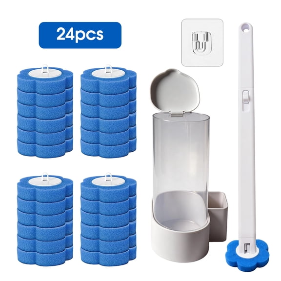 Disposable Toilet Brush Set with 24 Refills, Wall Mount Toilet Bowl Cleaning System, No-Touch Deep Clean Bathroom Toilet Scrubber with Holder