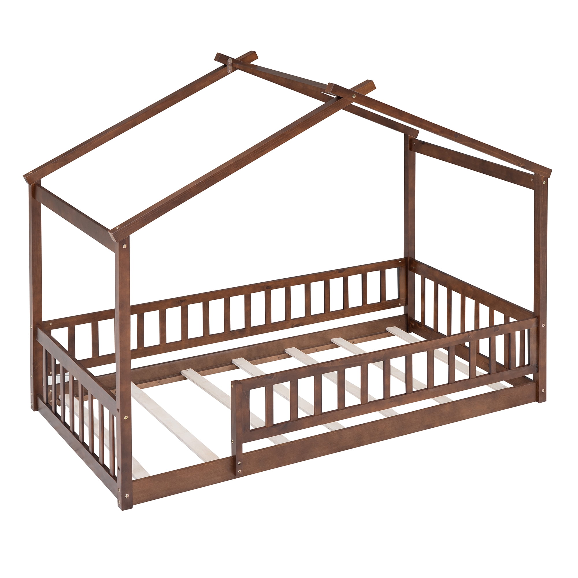 Noble House Twin Size Wood House Bed Frame with Fence,Walnut