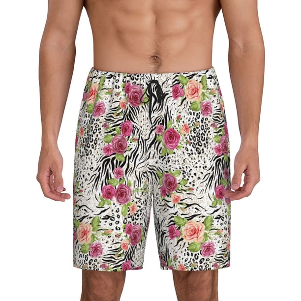 Balery Roses Mixed Zebra Pantalones cortos de pijama de punto de algodón para hombre con cinturilla y bolsillos-Large