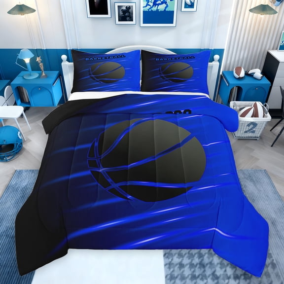 Feelyou Modern Basketball Boys Bedding Comforter Set, Est Sleep Sports Game Twin Comforter Sets, Blue Stripes Abstract Reversible Bedding Set, Lightweight Room Decor, 2pcs