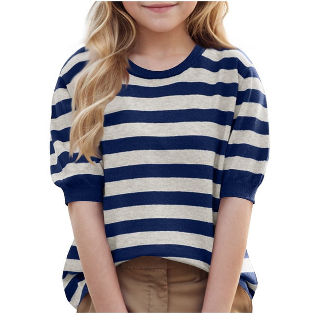 Posijego Girls Short Sleeve Sweater Tops Striped Color Block Knit Pullover Sweaters Loose Casual T-Shirts