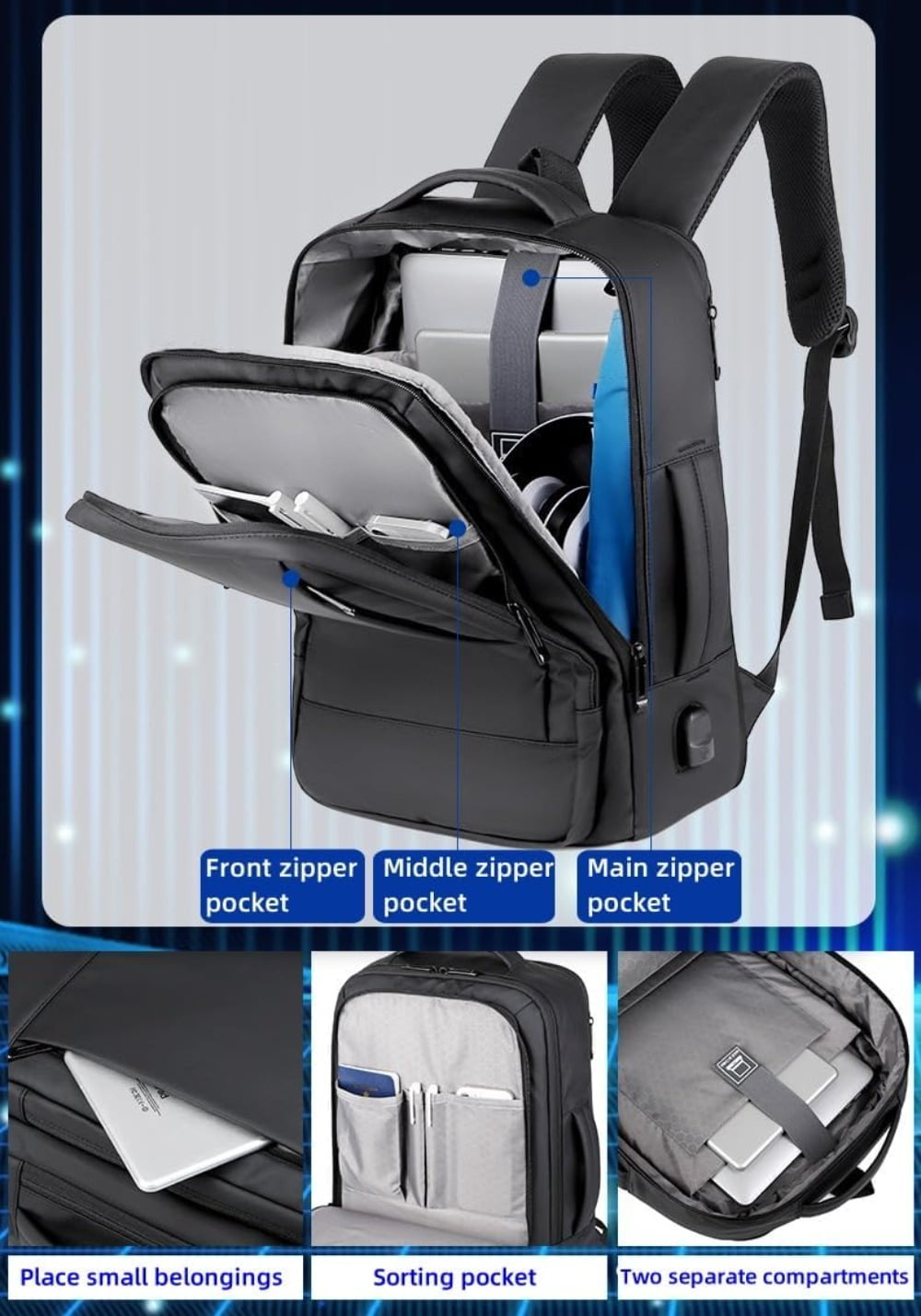 AIGIA 15.6 Inch Business Laptop Backpack Anti Theft Laptops Backpack with USB Charging Port Water Resistant Travel Backpack Computer Bag Gifts for Men