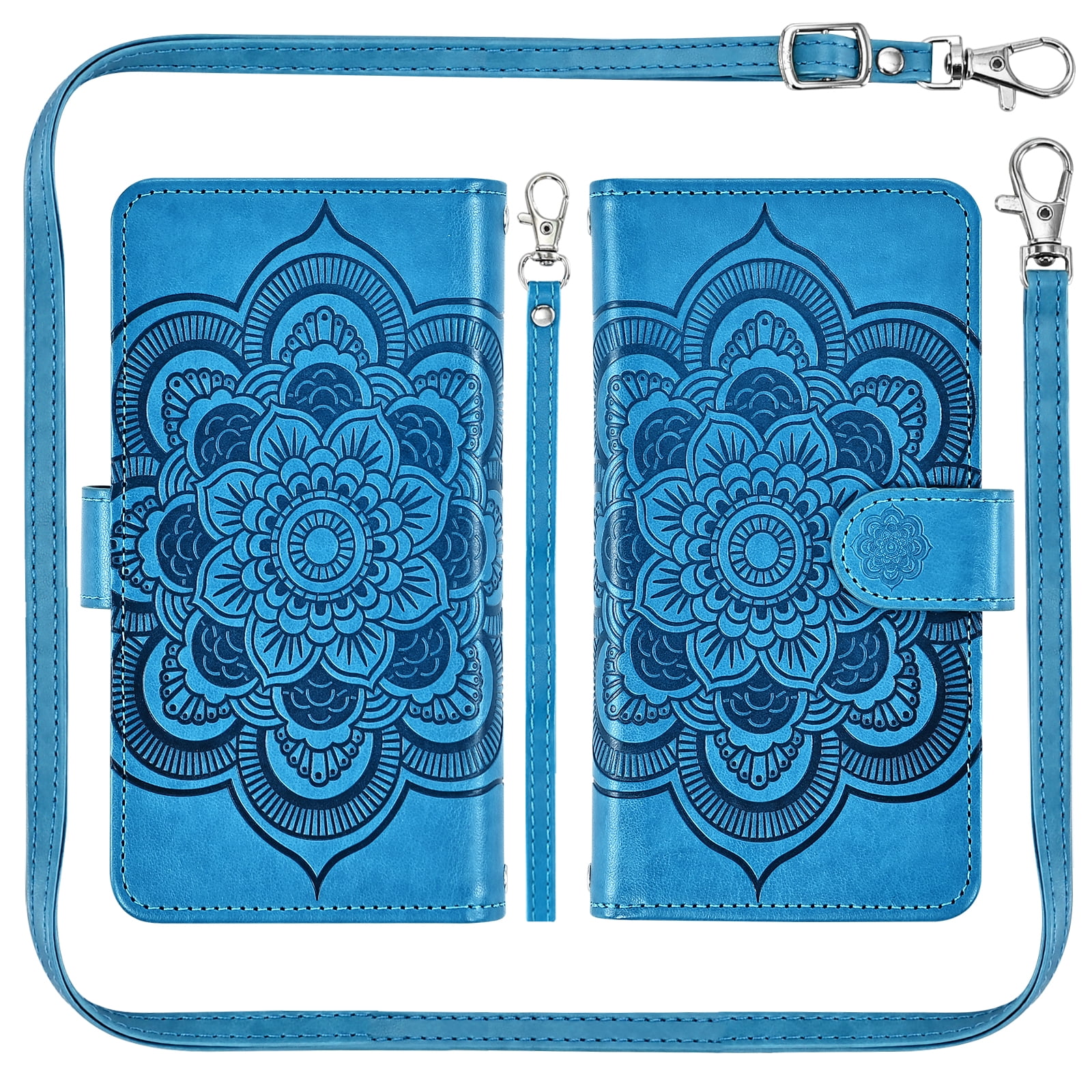 Asuwish Phone Case for Samsung Galaxy S25 5G Zipper Wallet Magnetic Detachable Cell Cover with Tempered Glass Screen Protector Crossbody Strap Flower Card Holder Slot S 25 25S G5 Women Girls Blue