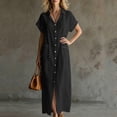 thumbnail image 5 of ClodeEU Women's V Neck Short Sleeve Button Down Maxi Dress,Casual Loose Dress with Front Slit Black,Women's Plus M, 5 of 7