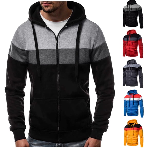 BXINGOHAI Mens Slim Fit Long Sleeve Zip-Up Fleece Hoodie Color Block Sweatshirt with Kangaroo Pocket Today Black,XL