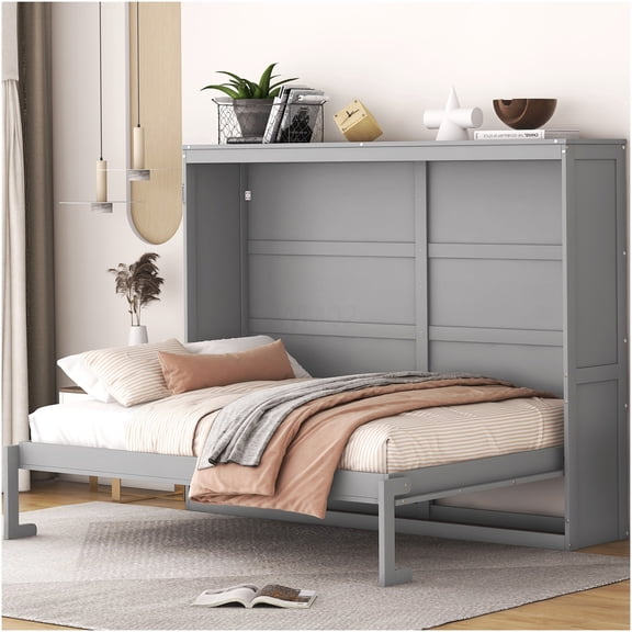 Full Murphy Bed Cabinet with Hydraulic Lift, Space Saving Wall Bed Frame in Gray Finish