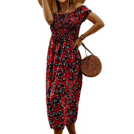 

Summer Dress for Women Sexy Off Shoulder Floral Print Long Dress Loose Baggy Short Sleeve Blouse Shirt Ruffle Dress