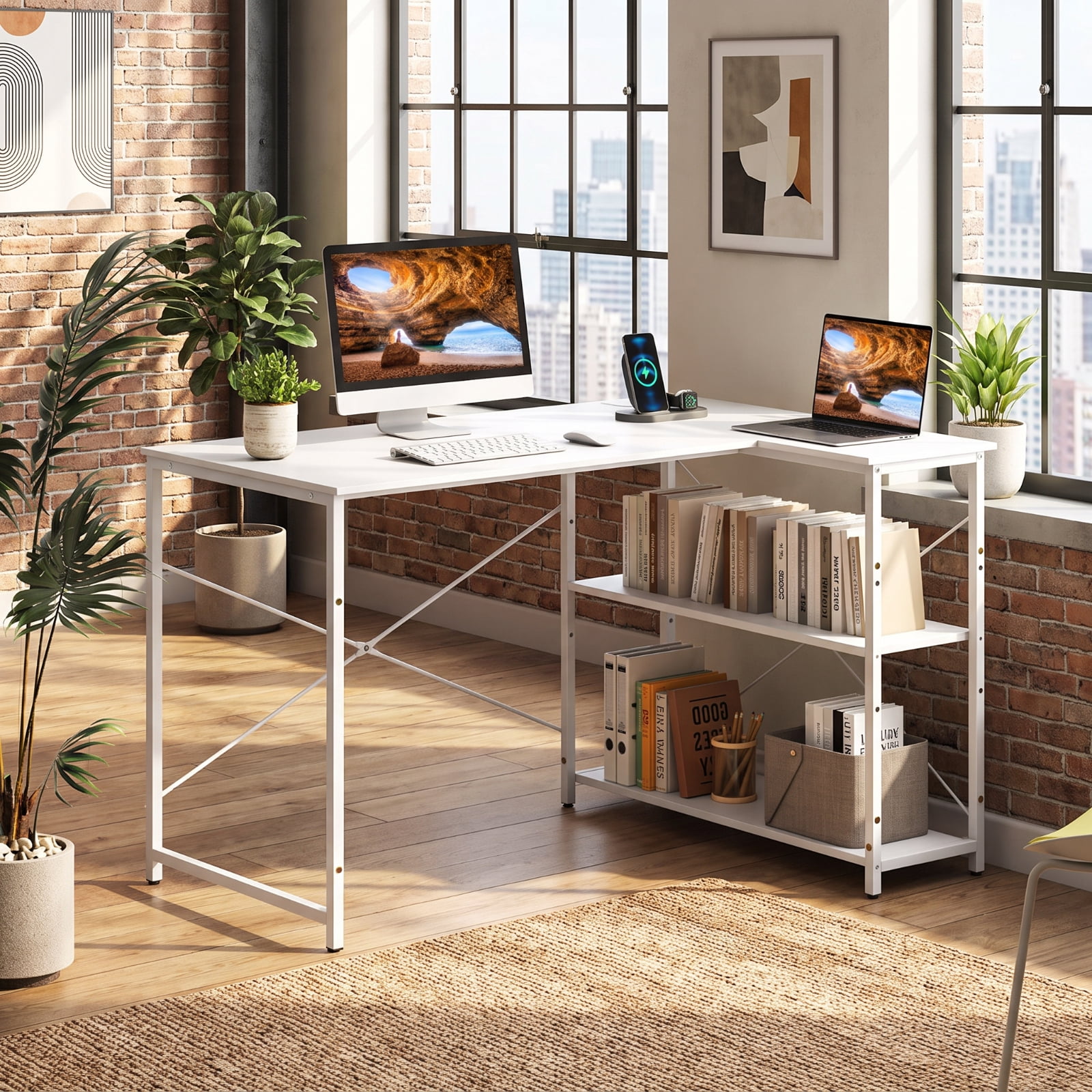 Furnibear 47 Inch L Shaped Corner Desk with Charging Station and Reversible Design with Adjustable Storage Shelves and USB Ports, White