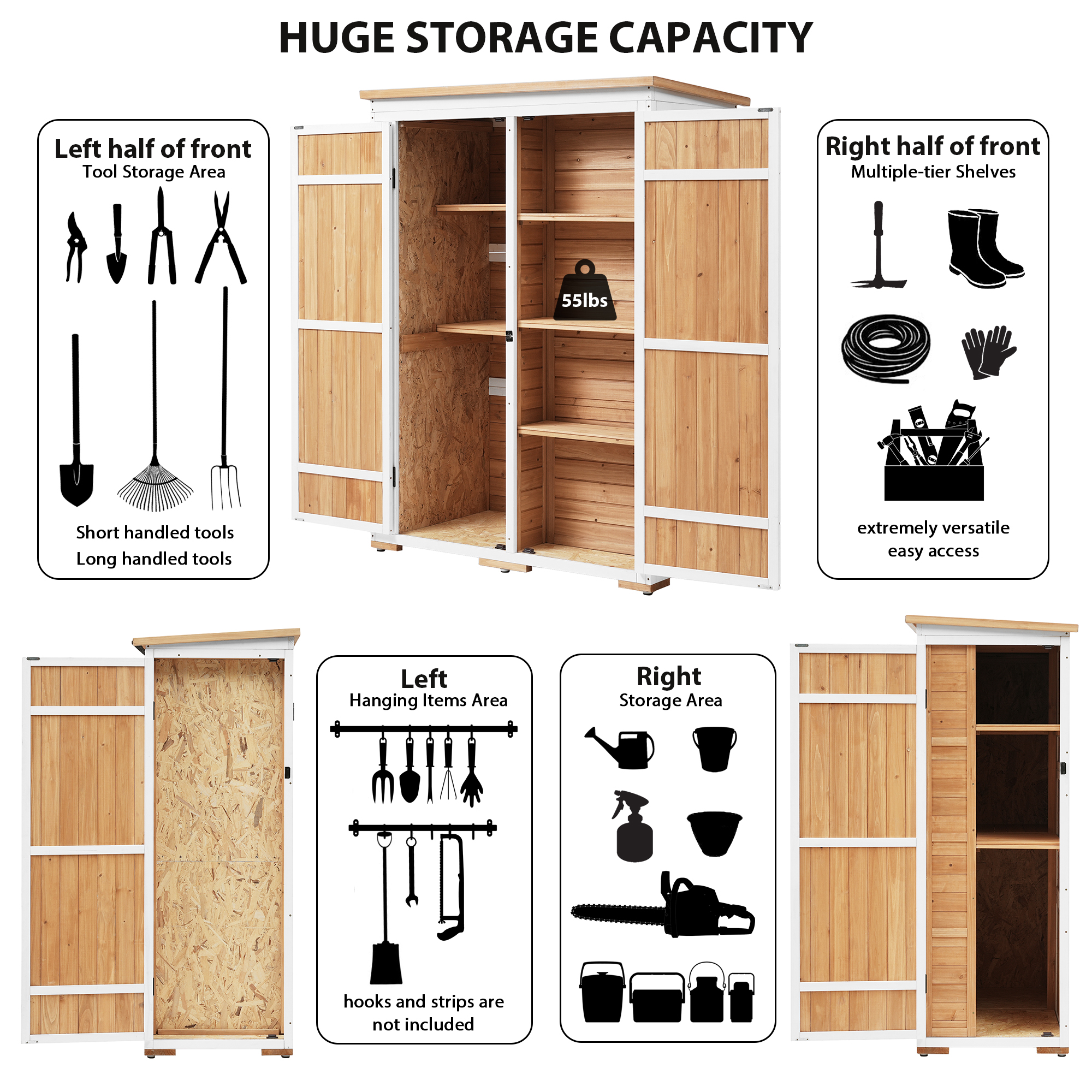 MAYEERTY Outdoor 5.5ft Wood Storage Shed with Lockable Doors, Multi-Shelf Garden Tool Cabinet with Waterproof Roof