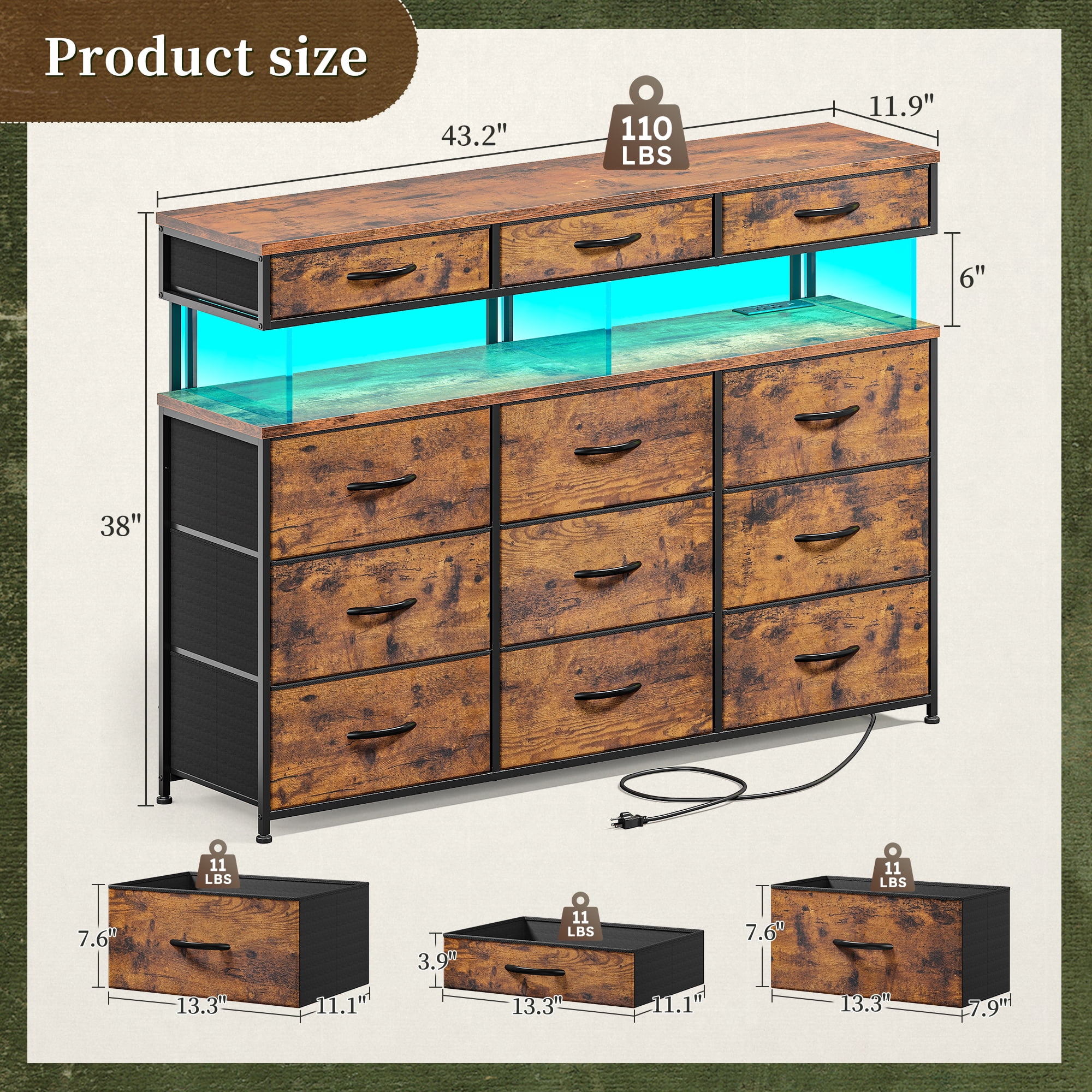Romorgniz Dresser for Bedroom with 12 Fabric Drawers Wide Dresser with LED Lights & Charging Station Chest of Drawers with Acrylic Sheet, Rustic Brown