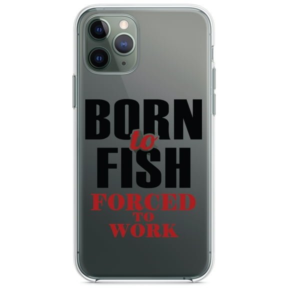 DistinctInk Clear Shockproof Hybrid Case for iPhone 11 (6.1" Screen) - TPU Bumper Acrylic Back Tempered Glass Screen Protector - Born to Fish, Forced to Work