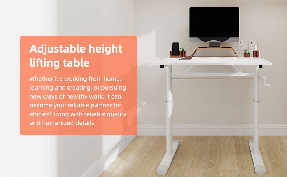 Lisonu Adjustable Standing Desk, Manual Hand Crank Sit-Stand Workstation, 33x24 Inch Home Office Computer Desk, Ergonomic Height-Adjustable Study Table, White Wood and Iron Frame