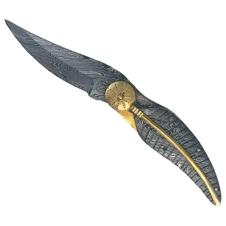 Handmade Damascus Steel Pocket Knife - Folding Knive - Damascus Blade and Handle with Brass Fitting Leather Sheath Included Hunting Outdoor Camping (Leaf Handle)