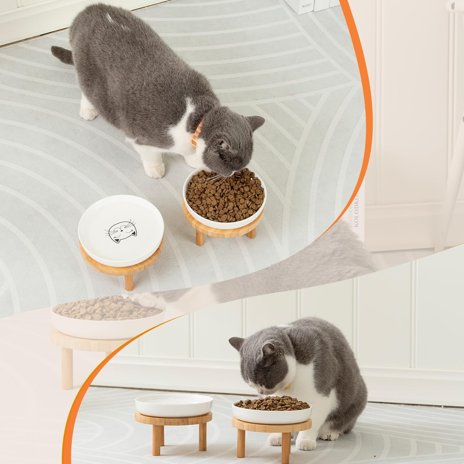 Shallow Elevated Cat Bowls,5.9 Inch Wide Raised Ceramic Cat Dishes with Bamboo Stand, Whisker Friendly Pet Water or Food Plates Feeding Station for Indoor Cats, Kitten(White,Set of 2)