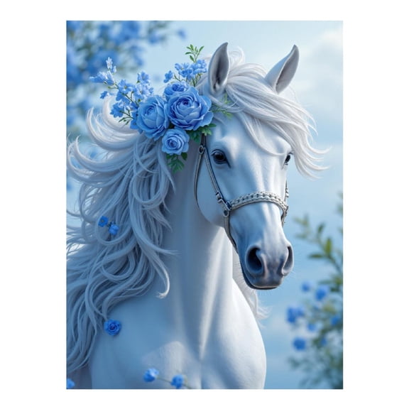 Diamond Art Kit for Adults, White Horse Blue Roses Elegance Diamond Painting for Adults Beginners, 5D DIY Diamond Art Painting Kits, Colorful Diamond Painting Craft for Home Decor 12x16
