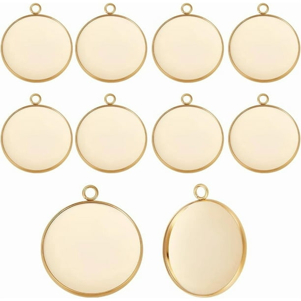 1 caja de 14 bandejas para colgantes con bisel en blanco de 30 mm, chapadas en oro real de 24 quilates, de acero inoxidable 304, para la fabricación de joyas.