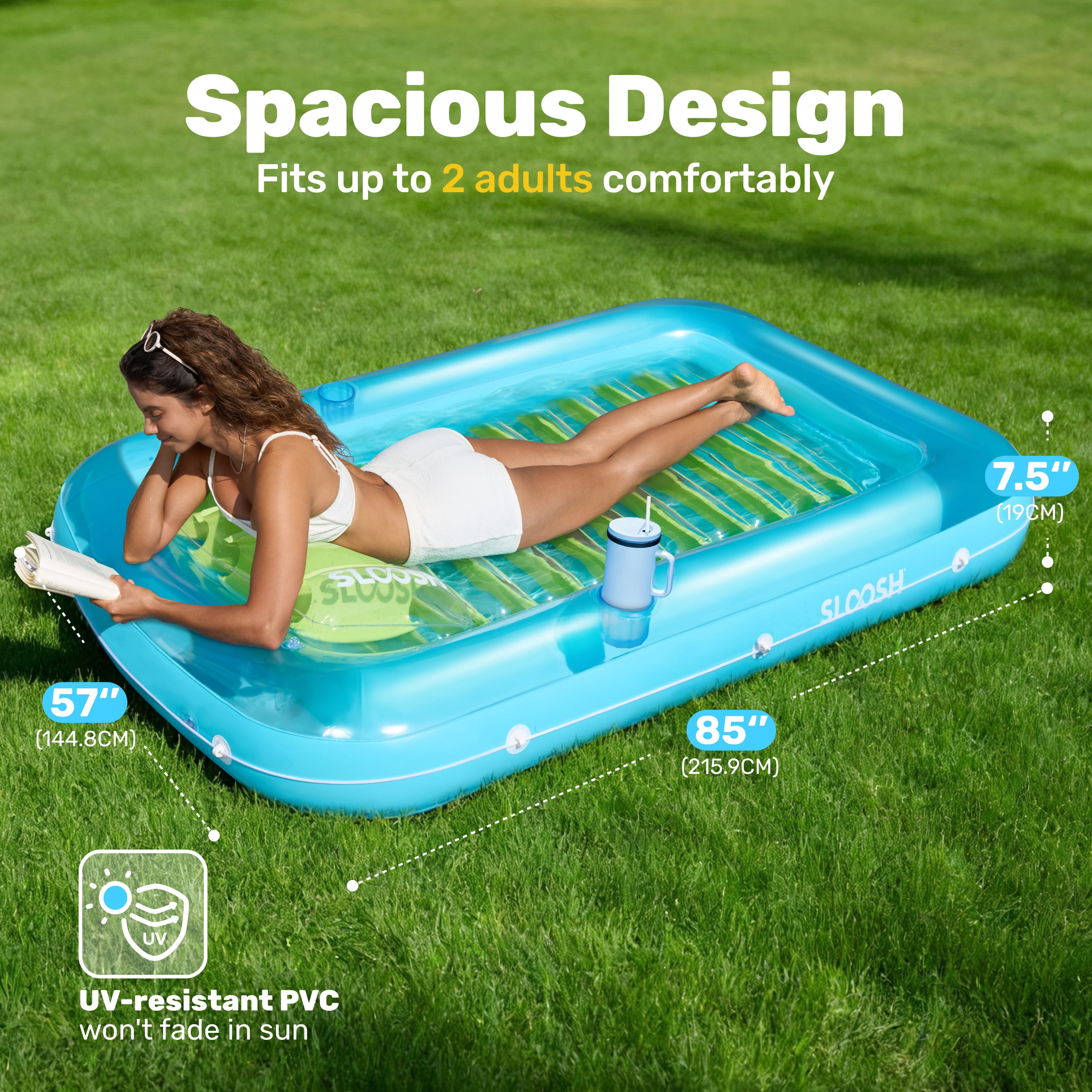 SLOOSH Inflatable Tanning Pool Lounger Float, 85" x 57" Extra Large Suntan Sun Tan tub for Adults, Tanning chair, Bed Blow up, Raft Lounge Floatie,XL-Blue Green