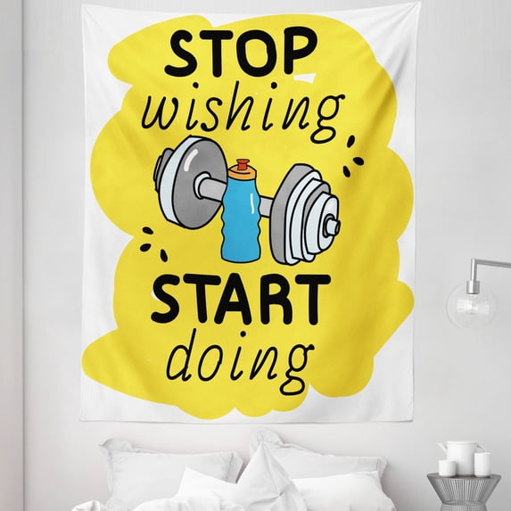 Fitness Tapestry, Stop Wishing Start Doing Inscription Dumbbells Water Sports Doodle Style, Fabric Wall Hanging Decor for Bedroom Living Room Dorm, 5 Sizes, Multicolor, by Ambesonne